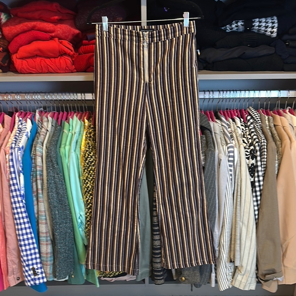 Urban Outfitters brown/yellow/blue striped velvet front zipper pants size 6